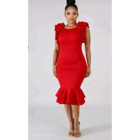Touch Me Dramatic Ruffle Sleeve‎ Scuba Bodycon Red Dress 2X NWOT - Picture 1 of 15